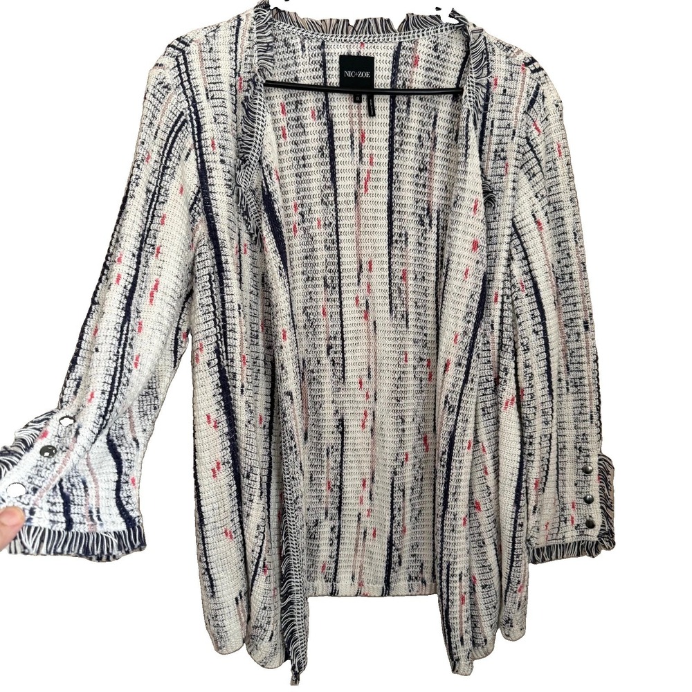 NIC+ZOE Fringe Mix Knit Tweed Jacket Cardgan 1X Open Front Boho Layering Artsy